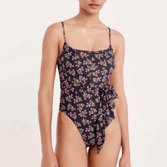 J. Crew Topstitched Tie-Waist One-Piece in Twilight Berry Navy Floral Size 12 - Picture 1 of 8